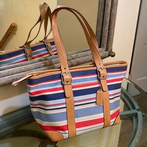 Vintage Coach Hampton Tan Leather & Red, White, & Blue Striped Tote Handbag